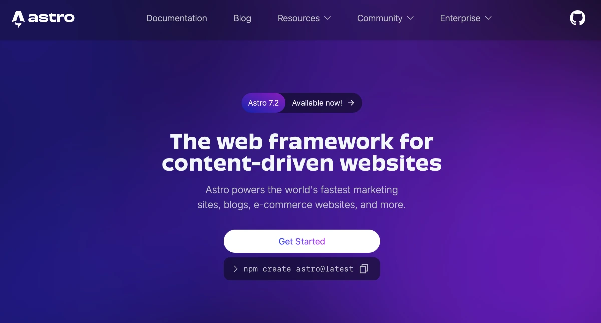 Astro公式サイトのトップ画面。「The web framework for content-driven websites」という見出しと Get Started ボタン、npm create astro@latest のコマンドが表示されている。