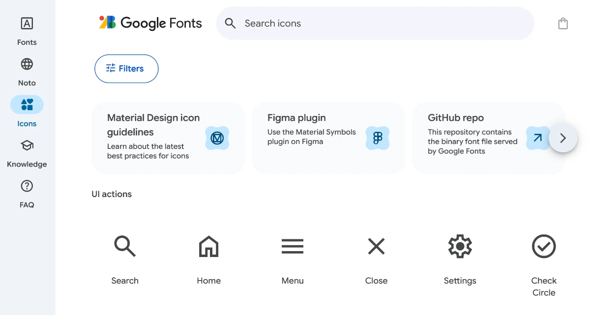 Google Fonts の Icons ページ。左に Fonts / Noto / Icons などのメニュー、上部にアイコンの検索欄があり、Material Design のガイドラインや GitHub リポジトリへのカード、検索・ホーム・メニューなどのアイコン一覧が並んでいる。