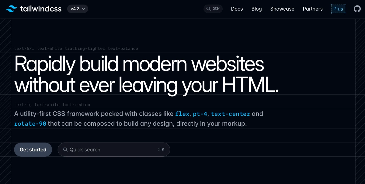 Tailwind CSS公式サイトのトップ画面。「Rapidly build modern websites without ever leaving your HTML.」という見出しと、flex・pt-4・text-center などのユーティリティクラスの説明、Get started ボタンが表示されている。
